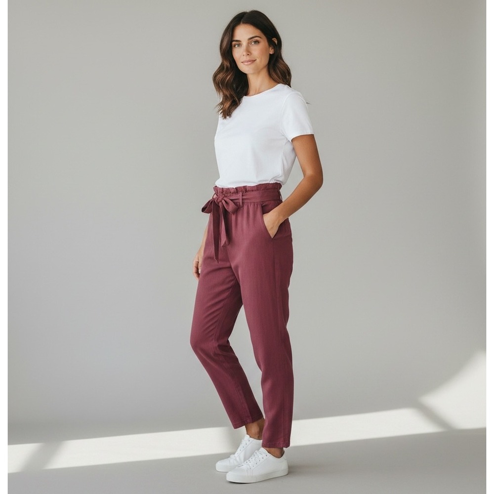 Womens Burgundy Paperbag Waist Tapered Belted Pants Size Small NWT
